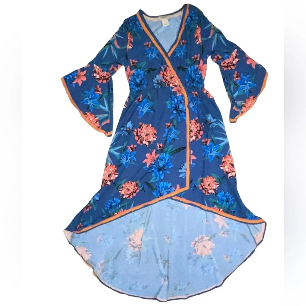 Flying Tomato Wrap High Low Dress Tie Blue Floral Bell Sleeves Size Small Summer